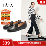 他她（TATA）方头乐福鞋女休闲平底一脚蹬小皮鞋女单鞋春秋款FLC22AM4 黑色 38