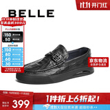 百丽休闲鞋男牛皮革格纹套脚豆豆鞋A1368AM4 黑色 38