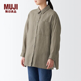 无印良品 MUJI 女式 亚麻 水洗宽版衬衫长袖休闲百搭衬衫衬衣BCJ22C2S 浅灰棕色 M-L