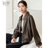 初申美拉德短外套女美式复古PU皮衣外套夹克上衣S51D005 深咖 L 