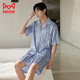 猫人男士睡衣男春夏季冰丝睡衣短袖短裤男生宽松条纹家居服