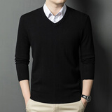恒源祥纯羊毛衫男商务休闲男士毛衣男春秋季纯色针织衫套头V领打底衫男 20200038黑色 L