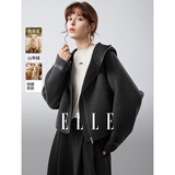 ELLE高级感连帽羊绒双面呢大衣女2025冬季新款宽松气质毛呢短外套 深灰 L