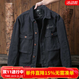 季言重磅短款工装做旧衬衫外套男春秋厚款长袖美式复古军旅风黑色上衣 黑色 XL