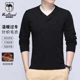 西域骆驼（VANCAMEL）针织衫男商务休闲冬季纯棉V领保暖加绒毛衣打底衫男装 黑色  2XL