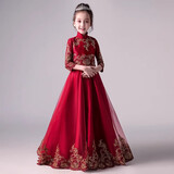 小咔衣浓儿童礼服公主裙花童婚纱小主持人女童钢琴演奏演出服汉服大童秋冬 酒红色长款089-B5 160