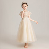 小咔衣浓小女孩公主裙女童花童婚礼蓬蓬纱儿童晚礼服主持人钢琴演出服大童 香槟色长款 170