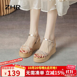ZHR坡跟凉鞋女夏真牛皮厚底女鞋时尚细带水钻高跟鞋子女 AY92 香槟35