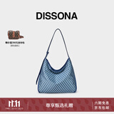 DISSONA迪桑娜女包幸运锦囊hobo包老花包单肩手提包情侣通勤包中性腋下包 牛仔色-大号（肩带可调节）