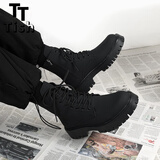 Tish马丁靴男2025秋冬季新款防水高帮机车靴子男牛皮厚底增高皮靴子男 黑色 【官方正品】 42