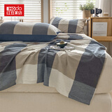红豆100%新疆棉色织床单单件纯棉全棉单人宿舍家用双人水洗棉被单 蓝调格 床单两件套：160*230cm+枕套1只