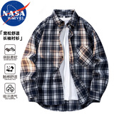 NASA MARVEL长袖衬衫男秋冬季户外美式潮流格子休闲宽松透气情侣装 藏青色 XL