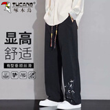 啄木鸟（TUCANO）休闲裤男秋季裤子男宽松直筒刺绣国风阔腿潮百搭长裤 黑色 3XL