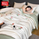 红豆夏被四件套冰丝空调被夏凉被薄被子水洗真丝裸睡子双人宿舍家用 满绣郁金香-奶白绿 四件套/2.0*2.3m夏被+床单+枕套2