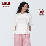 无印良品（MUJI）女式 条纹 圆领短袖T恤 上衣打底衫女款内搭女装女士 浅灰色条纹 L (165/88A)