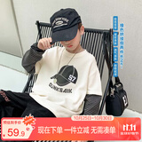 左西男童长袖T恤2025秋季儿童条纹假两件印花上衣打底衫潮 米白 160