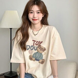 一寸相思纯棉杏色短袖t恤女2026新款爆款夏季时尚小熊卡通印花上衣体恤潮 杏色-疑问小熊 XL (125-145斤）