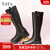 他她（TATA）厚底长筒靴女靴英伦加绒保暖骑士靴高筒靴秋冬新WXK02DG3 黑色(单里) 36