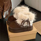 细细条（XIXITIAO）费尔岛毛毛雪地靴女冬季百搭增高厚底加绒保暖短靴子棉鞋 深棕色【系带毛毛蝴蝶结】 36 -37【标准码】