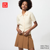 优衣库女装罗纹POLO领针织开衫/短袖空调衫通勤479968 01 乳白色 L /160/88A