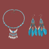 海伊朵民族风长款流苏串珠羽毛耳环波西米亚氛围感耳坠云南大理拍照旅行 蓝色额链+蓝色耳环