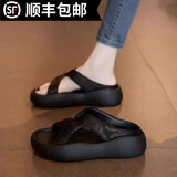 百丽踏凉拖鞋女夏外穿2025新款外出厚底休闲沙滩凉鞋懒人时尚孕妇一字拖 黑色 38