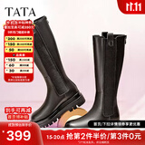 他她（TATA）厚底长筒靴女靴英伦加绒保暖骑士靴高筒靴秋冬新WXK02DG3 黑色（绒里） 39