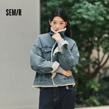 森马（Semir）牛仔外套女拼接仿兔毛翻领宽松港风冬季落肩夹棉夹克103724108001