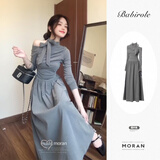 冶芷法式茶歇露肩蝴蝶结挂脖连衣裙长袖早秋新款打底内搭长裙子 法式茶歇挂脖连衣裙灰色 S