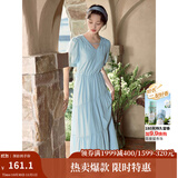 茵曼（INMAN）法式薄荷曼波连衣裙2024夏女装新品V领灯笼袖抽绳 绀蓝色 M