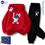 NASA STONE联名男童连帽卫衣套装秋冬2025新款中大童男孩加绒儿童春季运动服 红色+黑裤子（春秋款二） 130 儿童尺码推荐【45-62斤】