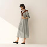 无印良品（MUJI）女式 法兰绒 立领长袖连衣裙女装裙子纯棉连身裙25年秋季 浅米色格纹 S (155/80A)