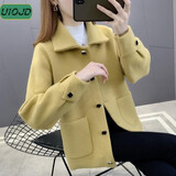 UIOJD双面毛呢外套女2025秋冬新款韩版宽松仿水貂毛开衫加厚短款上衣 黄色 XL 120斤-130斤
