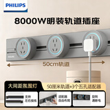 飞利浦（PHILIPS）明装轨道插座氛围灯墙壁开关面板插座8000W大功率免开槽餐边柜导轨电插排插板插线板0.5m+3*五孔灰