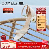康莉（COMELY）一字带凉鞋女粗跟25年夏季羊皮中跟时尚百搭通勤时装凉鞋 米白 37