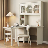 实木书桌书架一体折叠转角电脑桌奶油风写字台学习桌带书柜办公桌 奶油白1.2米书桌+椅子【可旋转桌面+不分左右】 送货上楼包安装