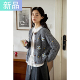 斐特玛撞色手工钩花灰色毛衣女慵懒风秋冬圆领针织开衫26年新款重工针织 月光灰 S 适合80-95斤