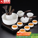 白瓷功夫茶具套装家用侧把德化高白玉瓷泡茶壶盖碗茶杯茶洗整套陶瓷描金 10头汉白玉(侧/木)+6罗汉+茶道+洗+长胡琴黑