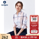 Navigare意大利小帆船女士长袖衬衫春秋季休闲格子衬衣莱赛尔高档寸衫 粉红/白 L