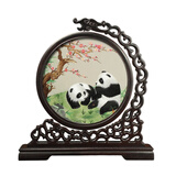 苏绣摆件双面绣手工刺绣非遗工艺摆台特色礼品送老外领导纪念礼物 梅花熊猫 高档礼盒【悬浮刺绣】