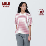无印良品（MUJI）女式 条纹 圆领短袖T恤 上衣打底衫女款内搭女装女士 粉红色条纹 L (165/88A)