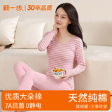 新一步（XINYIBU）【7A抗菌】纯棉秋衣秋裤女士秋冬圆领条纹薄款打底衫保暖内衣套装 33400-彩纱粉（蕾丝圆领） XL 建议165-170cm，105-120斤