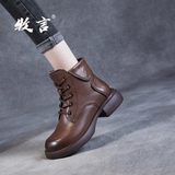 牧言（MUYAN）头层牛皮短靴女2025冬季新款女鞋平底马丁靴皮鞋加绒棉鞋真皮靴子 棕色【单里款】WZZM233355 40