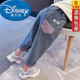迪士尼（Disney）2025新款女童春秋牛仔裤韩版时髦女宝宝外穿长裤儿童宽松休闲裤子 紫色兜牛仔裤(高品质) 120