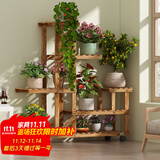 安尔雅松木花架子客厅阳台多肉植物多层组装花台简约置物架花摆架带轮