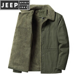 JEEP SPIRIT秋冬季夹克男士外套休闲宽松翻领纯棉中老年商务爸爸上衣服 加绒 军绿色 XL