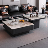 硕凡意式高级轻奢岩板正方形现代小户型茶几家用客厅黑色极简简约组合 双抽屉款-香奈儿岩板【80+60】cm