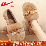 回力女鞋豆豆鞋女秋冬季毛毛鞋女保暖鞋加绒棉拖鞋一脚蹬休闲鞋子女 棕色 39