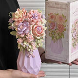 贝乐迪香槟玫瑰永生花积木盆栽DIY拼装玩具520情人节送男女孩生日礼物 新品-紫茵絮语+紫色花瓶【精美彩盒】