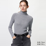 优衣库女装精纺美利奴羊毛罗纹两翻领针织衫/长袖毛衣新款478337 03 灰色 XL